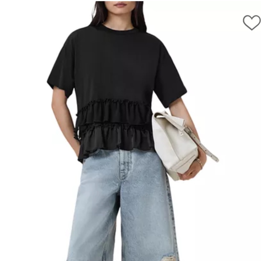 All Saints Black Short Sleeve Ruffle Tee